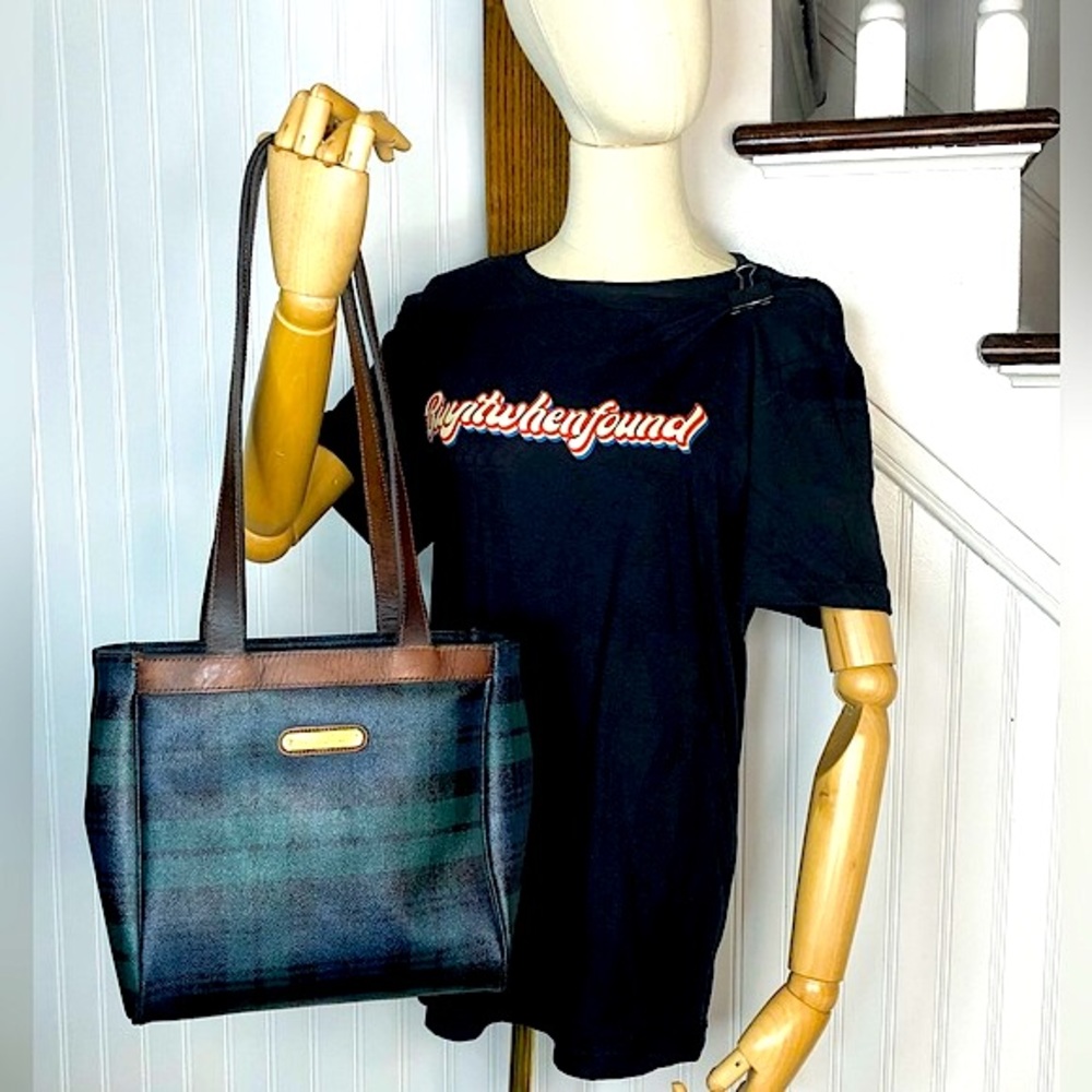 RALPH LAUREN Black Watch Plaid Coated Canvas and Leather Tote Shoulder Bag